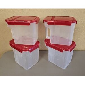 Lock&Lock Red Snap Hindged Lids Clear Storage Containers Set Of 4 2.6qt